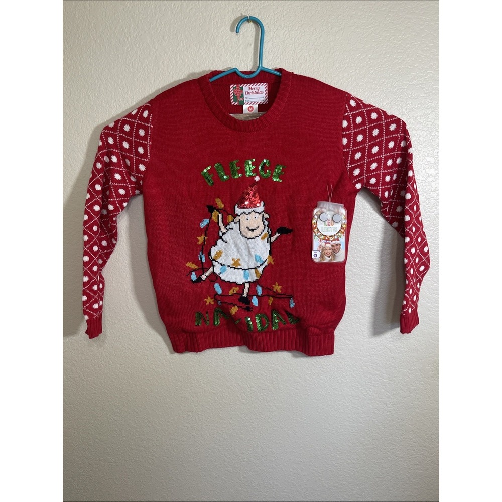 Womens‎ Holiday Ugly Christmas Sweater Red FLEECE NAVIDAD Size M Lights Up NWT